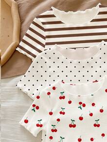 RANDOM 8pcs PIECES 4 PIECES, Vintage Casual White Polka Dot Brown Stripe Dark Brown Mini Cherry, Print, Baby Girls Home Wear Ruffle Multi-Piece Set - Multicolor - View 6