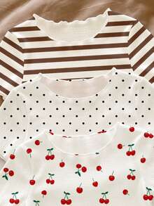 RANDOM 8pcs PIECES 4 PIECES, Vintage Casual White Polka Dot Brown Stripe Dark Brown Mini Cherry, Print, Baby Girls Home Wear Ruffle Multi-Piece Set - Multicolor - View 7