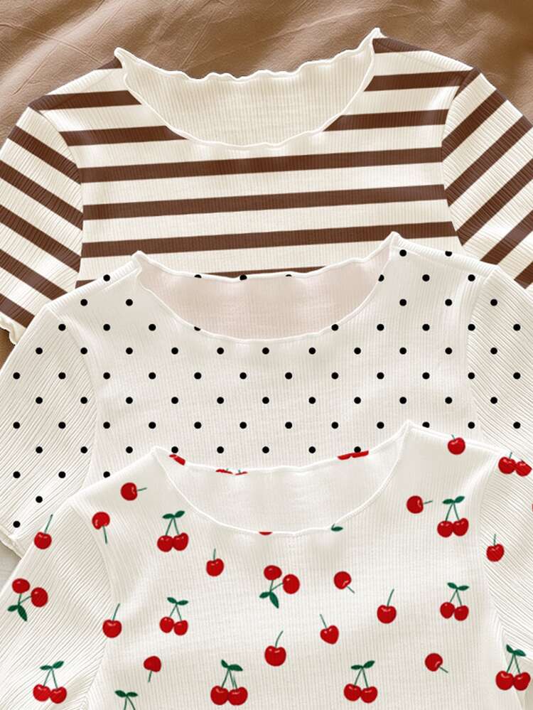 RANDOM 8pcs PIECES 4 PIECES, Vintage Casual White Polka Dot Brown Stripe Dark Brown Mini Cherry, Print, Baby Girls Home Wear Ruffle Multi-Piece Set - Multicolor - View 7