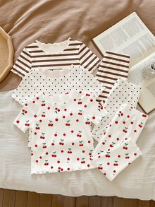 RANDOM 8pcs PIECES 4 PIECES, Vintage Casual White Polka Dot Brown Stripe Dark Brown Mini Cherry, Print, Baby Girls Home Wear Ruffle Multi-Piece Set - Multicolor - View 2