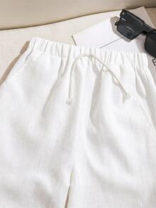 SHEIN LMoss Kids 青少年男孩休閒寬鬆純色 Polo 領短袖上衣與長褲 2 件套裝 - 白色 - 查看 7