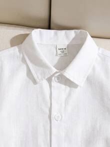 SHEIN LMoss Kids 青少年男孩休閒寬鬆純色 Polo 領短袖上衣與長褲 2 件套裝 - 白色 - 查看 4