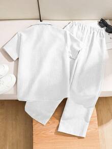 SHEIN LMoss Kids 青少年男孩休閒寬鬆純色 Polo 領短袖上衣與長褲 2 件套裝 - 白色 - 查看 2