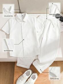 SHEIN LMoss Kids 青少年男孩休閒寬鬆純色 Polo 領短袖上衣與長褲 2 件套裝 - 白色 - 查看 3