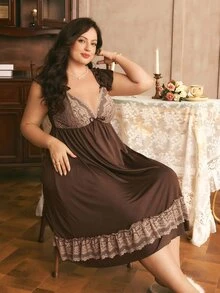 Côtesoire French Elegant Romantic Lace Patchwork Ruffle Hem Comfortable Slimming Knit Plus Size Nightgown - Coffee Brown - View 4