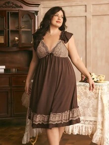Côtesoire French Elegant Romantic Lace Patchwork Ruffle Hem Comfortable Slimming Knit Plus Size Nightgown - Coffee Brown - View 5