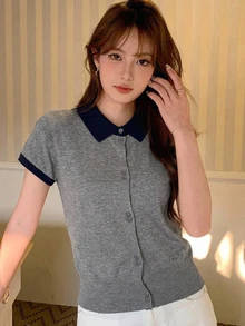 DAZY 女款拼色休閒百搭日常穿著針織上衣 辦公室校園海軍藍夏季 - 灰色 - 查看 4