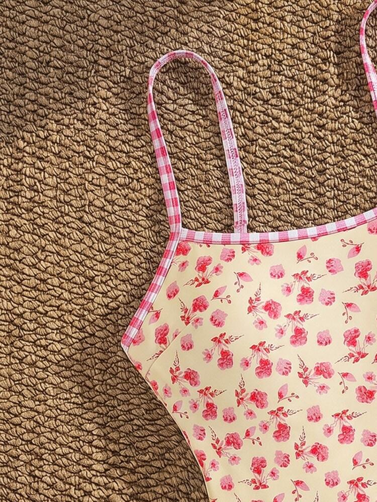 Swim Mod Pink And Yellow Summer Cute Beach Holiday One-Piece Swimsuit,Ditsy Floral High-Cut Thong Bikini,Underwire Push-Up Halter Neck Bodysuit For Girls - Multicolor - View 5
