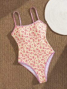 Swim Mod 春夏新款跨境歐美風性感一件式泳衣，高衩丁字褲比基尼，黃色底色碎花撞色紅白格紋飾邊，鋼圈托高掛脖連身泳裝，可愛甜美春假海灘派對泳衣女款 - 彩色 - 查看 4