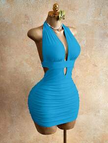 Mistrie Women's Fashion Versatile Pleated Hollow Out Halter Tie Sexy Dress - Blue - View 2