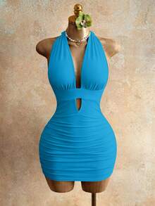 Mistrie Women's Fashion Versatile Pleated Hollow Out Halter Tie Sexy Dress - Blue - View 3