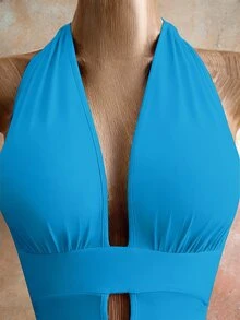 Mistrie Women's Fashion Versatile Pleated Hollow Out Halter Tie Sexy Dress - Blue - View 6