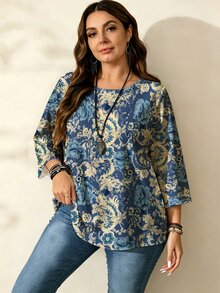 EMERY ROSE 女款休閒波西米亞風花卉印花圓領大尺碼襯衫，適合秋冬春季穿著 - 彩色 - 查看 3