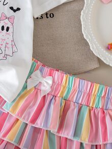 Setelan 2 Potong untuk Anak Perempuan: Kaos Rajut Polos Berkerah Bulat dan Celana Pendek Berumbai untuk Kembali ke Sekolah. - Berwarna merah muda - View 5