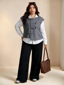 Edennvi Plus Size Women's Grey Wool Vest, Sleeveless Round Neck Single-Breasted Short, Vintage Casual Dressy Loose Layering Tank Top Office Formal Summer - Grey - View 3
