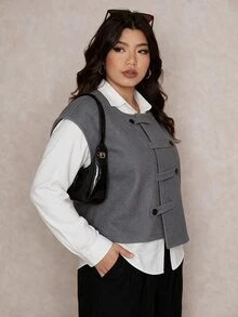 Edennvi Plus Size Women's Grey Wool Vest, Sleeveless Round Neck Single-Breasted Short, Vintage Casual Dressy Loose Layering Tank Top Office Formal Summer - Grey - View 4