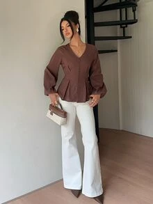 Siren Gaze 秋冬女款 100% 純棉咖啡棕長袖 T 恤，優雅辦公室秋季上衣，修身休閒襯衫，端莊度假風，荷葉邊下擺 Y2K - 彩色 - 查看 10