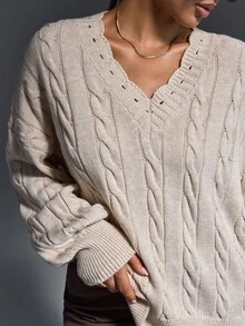 EURMUSE Women Button Detailed Round Neck Long Sleeve Sweater Pullover - Champagne - View 3