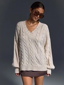 EURMUSE Women Button Detailed Round Neck Long Sleeve Sweater Pullover - Champagne - View 4