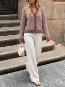 Pariaura Women's Soft Textured Knit Cardigan & Wide-Leg Pants Matching Set - Pink - View 3