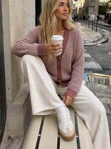 Pariaura Women's Soft Textured Knit Cardigan & Wide-Leg Pants Matching Set - Pink - View 4