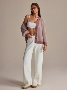 Pariaura Women's Soft Textured Knit Cardigan & Wide-Leg Pants Matching Set - Pink - View 9