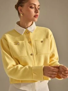 CLARA VERO Light Yellow Shoulder Pad Gold Button Knit Cardigan, Relaxed Fit, Perfect For Spring Outings Or Morning Meetings, Crew Neckline, Gold Button Closure, Shoulder Pads, Front Patch Pockets, Cuffed Sleeves, Stretchy 100% Acrylic - Light Yellow - View 5