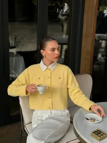 CLARA VERO Light Yellow Shoulder Pad Gold Button Knit Cardigan, Relaxed Fit, Perfect For Spring Outings Or Morning Meetings, Crew Neckline, Gold Button Closure, Shoulder Pads, Front Patch Pockets, Cuffed Sleeves, Stretchy 100% Acrylic - Light Yellow - View 3