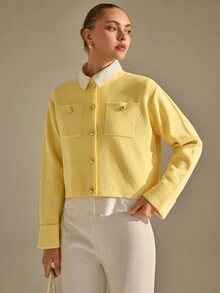 CLARA VERO Light Yellow Shoulder Pad Gold Button Knit Cardigan, Relaxed Fit, Perfect For Spring Outings Or Morning Meetings, Crew Neckline, Gold Button Closure, Shoulder Pads, Front Patch Pockets, Cuffed Sleeves, Stretchy 100% Acrylic - Light Yellow - View 8