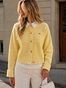 CLARA VERO Light Yellow Shoulder Pad Gold Button Knit Cardigan, Relaxed Fit, Perfect For Spring Outings Or Morning Meetings, Crew Neckline, Gold Button Closure, Shoulder Pads, Front Patch Pockets, Cuffed Sleeves, Stretchy 100% Acrylic - Light Yellow - View 1