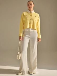 CLARA VERO Light Yellow Shoulder Pad Gold Button Knit Cardigan, Relaxed Fit, Perfect For Spring Outings Or Morning Meetings, Crew Neckline, Gold Button Closure, Shoulder Pads, Front Patch Pockets, Cuffed Sleeves, Stretchy 100% Acrylic - Light Yellow - View 6