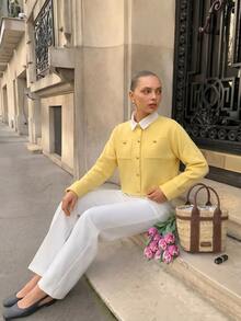CLARA VERO Light Yellow Shoulder Pad Gold Button Knit Cardigan, Relaxed Fit, Perfect For Spring Outings Or Morning Meetings, Crew Neckline, Gold Button Closure, Shoulder Pads, Front Patch Pockets, Cuffed Sleeves, Stretchy 100% Acrylic - Light Yellow - View 10
