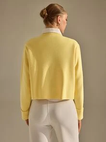 CLARA VERO Light Yellow Shoulder Pad Gold Button Knit Cardigan, Relaxed Fit, Perfect For Spring Outings Or Morning Meetings, Crew Neckline, Gold Button Closure, Shoulder Pads, Front Patch Pockets, Cuffed Sleeves, Stretchy 100% Acrylic - Light Yellow - View 4