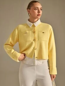 CLARA VERO Light Yellow Shoulder Pad Gold Button Knit Cardigan, Relaxed Fit, Perfect For Spring Outings Or Morning Meetings, Crew Neckline, Gold Button Closure, Shoulder Pads, Front Patch Pockets, Cuffed Sleeves, Stretchy 100% Acrylic - Light Yellow - View 9