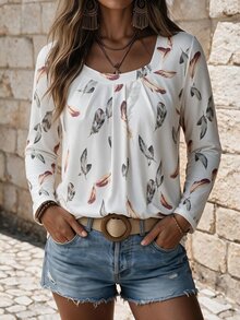 EMERY ROSE Plus Feather Print Fold Pleated Tee Fall - Multicolor - View 4
