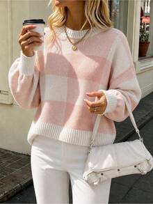 Pariaura Soft Touch Check Cropped Ribbed Knit Sweater - Pink - View 1