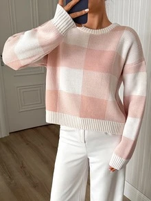 Pariaura Soft Touch Check Cropped Ribbed Knit Sweater - Pink - View 7