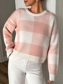 Pariaura Soft Touch Check Cropped Ribbed Knit Sweater - Pink - View 6