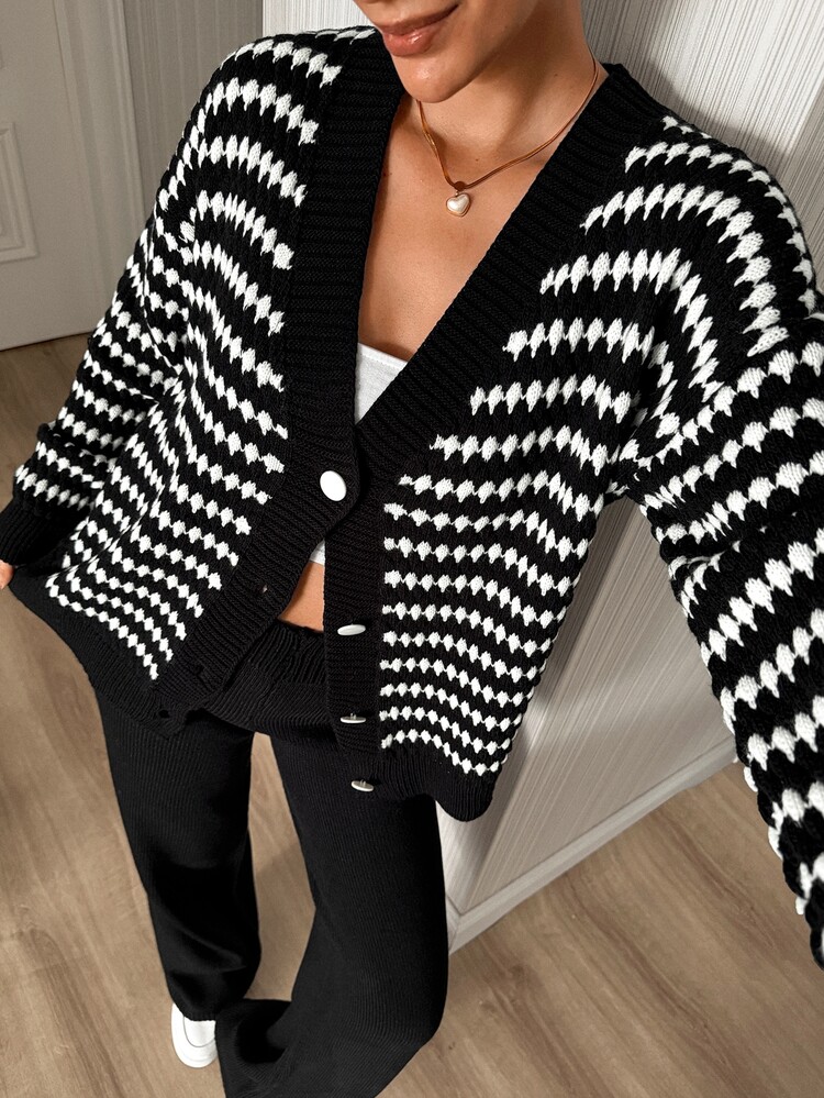 Pariaura Women Round Neck Long Sleeve Button Front Knit Cardigan And Sweater Pant 2pcs Set Co-Ords - Black and White - View 10