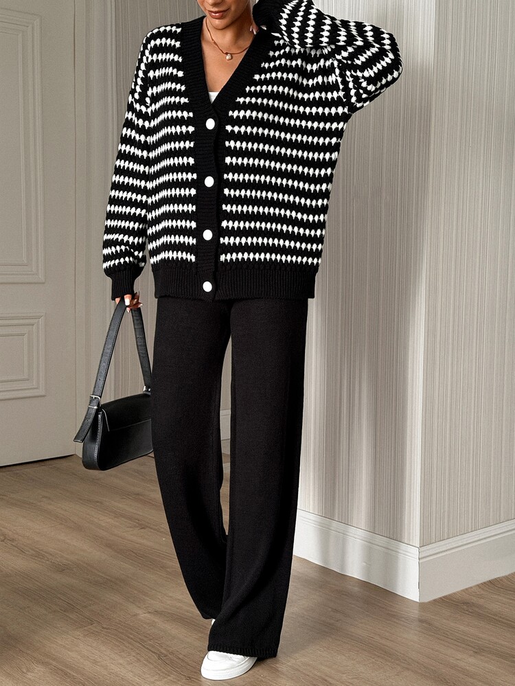 Pariaura Women Round Neck Long Sleeve Button Front Knit Cardigan And Sweater Pant 2pcs Set Co-Ords - Black and White - View 7