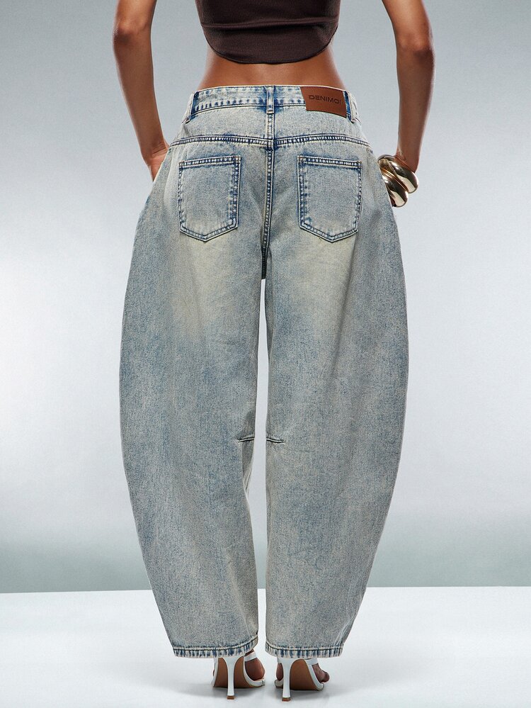 Denimoi Barrel Leg Washed Denim Jeans Fashionable Denim Fall & Winter Denim On Denim Outfit - Light Wash - View 5