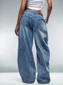 Denimoi Women's Asymmetrical Waist Button Loose Fit Denim Jeans - Medium Wash - View 5