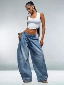 Denimoi Women's Asymmetrical Waist Button Loose Fit Denim Jeans - Medium Wash - View 4