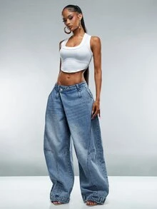 Denimoi Women's Asymmetrical Waist Button Loose Fit Denim Jeans - Medium Wash - View 3