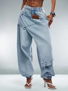 Denimoi Celana Jeans Denim Modis, Pakaian Jalanan Modis, Celana Jeans Modis, Celana Jeans Berlapis Pinggang - Light Wash - View 1