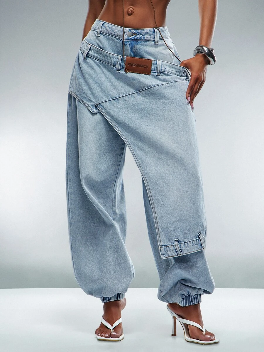 Denimoi Celana Jeans Denim Modis, Pakaian Jalanan Modis, Celana Jeans Modis, Celana Jeans Berlapis Pinggang - Light Wash - View 1