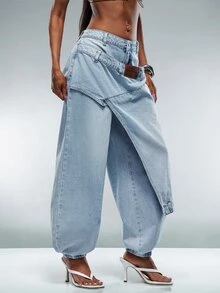 Denimoi Celana Jeans Denim Modis, Pakaian Jalanan Modis, Celana Jeans Modis, Celana Jeans Berlapis Pinggang - Light Wash - View 4