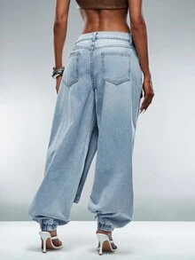 Denimoi Celana Jeans Denim Modis, Pakaian Jalanan Modis, Celana Jeans Modis, Celana Jeans Berlapis Pinggang - Light Wash - View 5