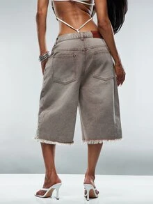 Denimoi Denim Verbiage Washed Jorts Fashionable Streetwear Fashion Jeans Concert Outfits Summer - Light Grey - View 5