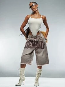 Denimoi Denim Verbiage Washed Jorts Fashionable Streetwear Fashion Jeans Concert Outfits Summer - Light Grey - View 2